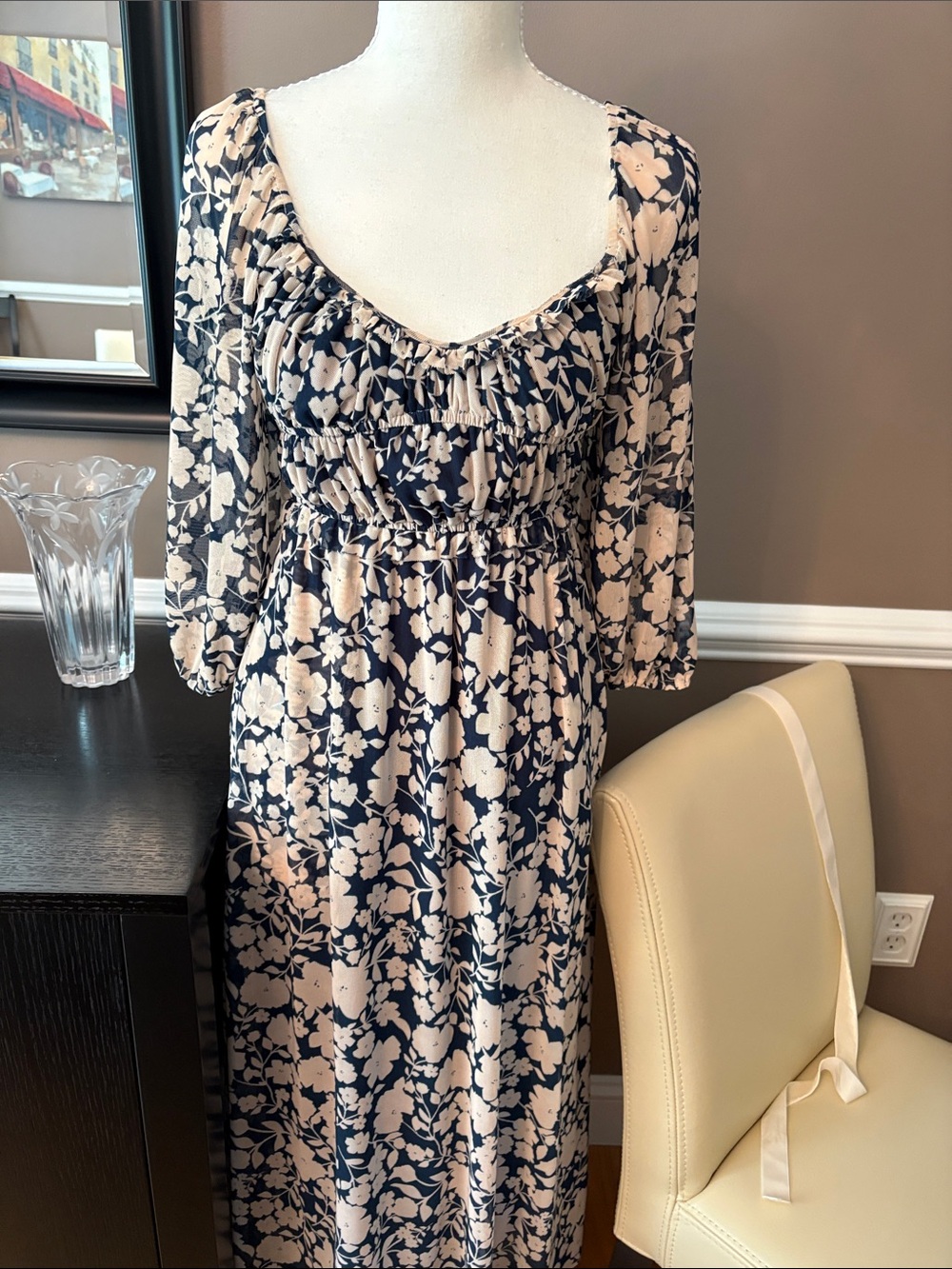 Women's Navy and Cream Floral Maxi Dress with Smocked Waist